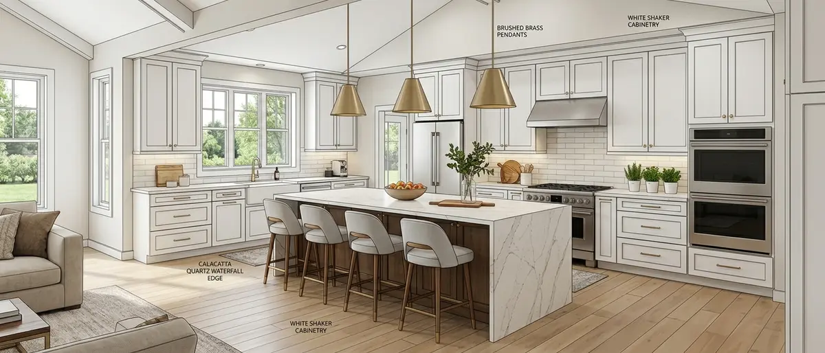Photorealistic 3D kitchen design rendering for a North Mankato MN open-plan home showing white shaker cabinets, waterfall quartz island, and pendant lighting over a four-seat breakfast bar