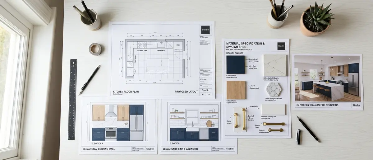 Complete kitchen design package flat-lay showing floor plan, elevation drawings, material specification sheet with cabinet and countertop samples, and 3D visualization for a Mankato MN remodel