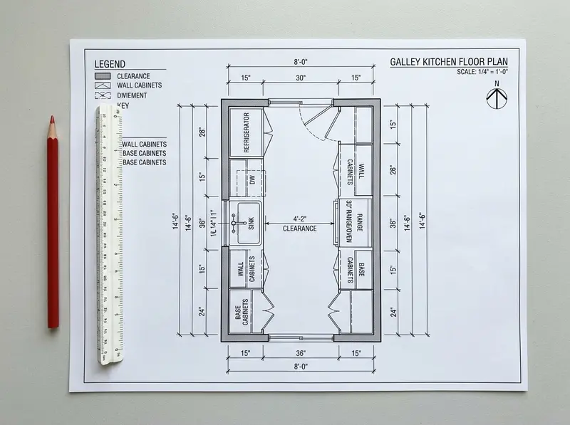 Scaled architectural floor plan drawing for a narrow galley kitchen redesign near Sibley Park in Mankato MN showing optimised cabinet placement, work triangle, and traffic flow