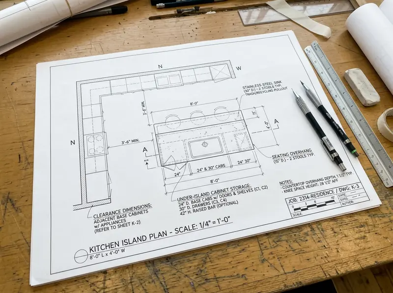 Detailed architectural island design plan drawing for an Eagle Lake MN kitchen showing seating overhang dimensions, under-island storage configuration, and clearance callouts