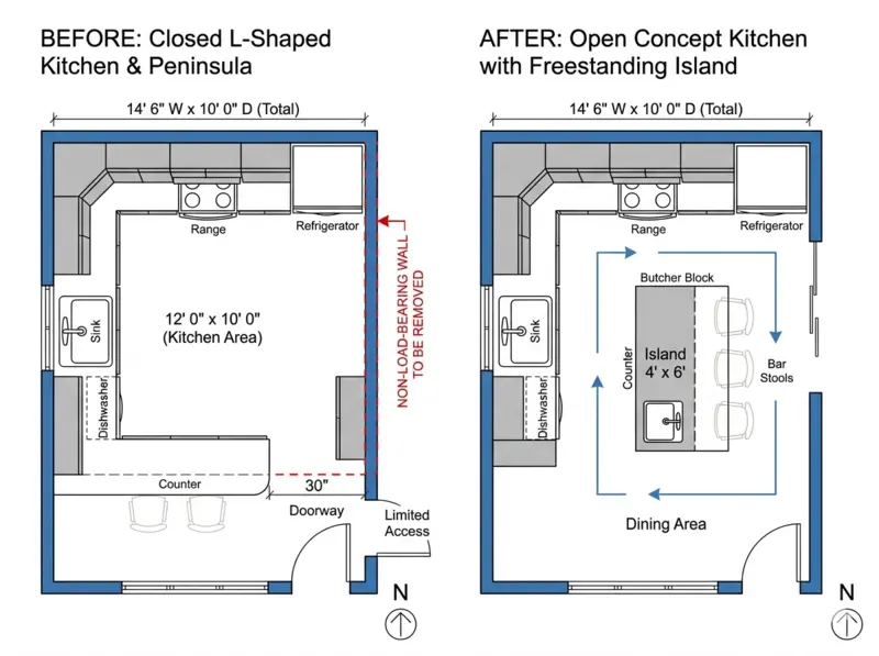 Side-by-side kitchen floor plan comparison showing before and after layout redesign for a Hilltop Mankato MN ranch home with non-load-bearing wall removed and open-plan created