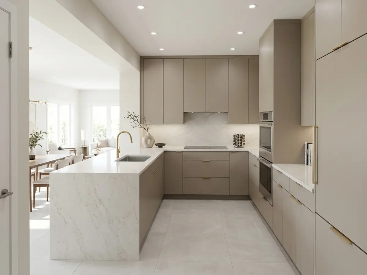 After photo — modern split-level kitchen remodel with full-height flat-panel cabinets, a quartz waterfall peninsula, recessed LED lighting, and open sightlines into the living space in South Mankato, MN