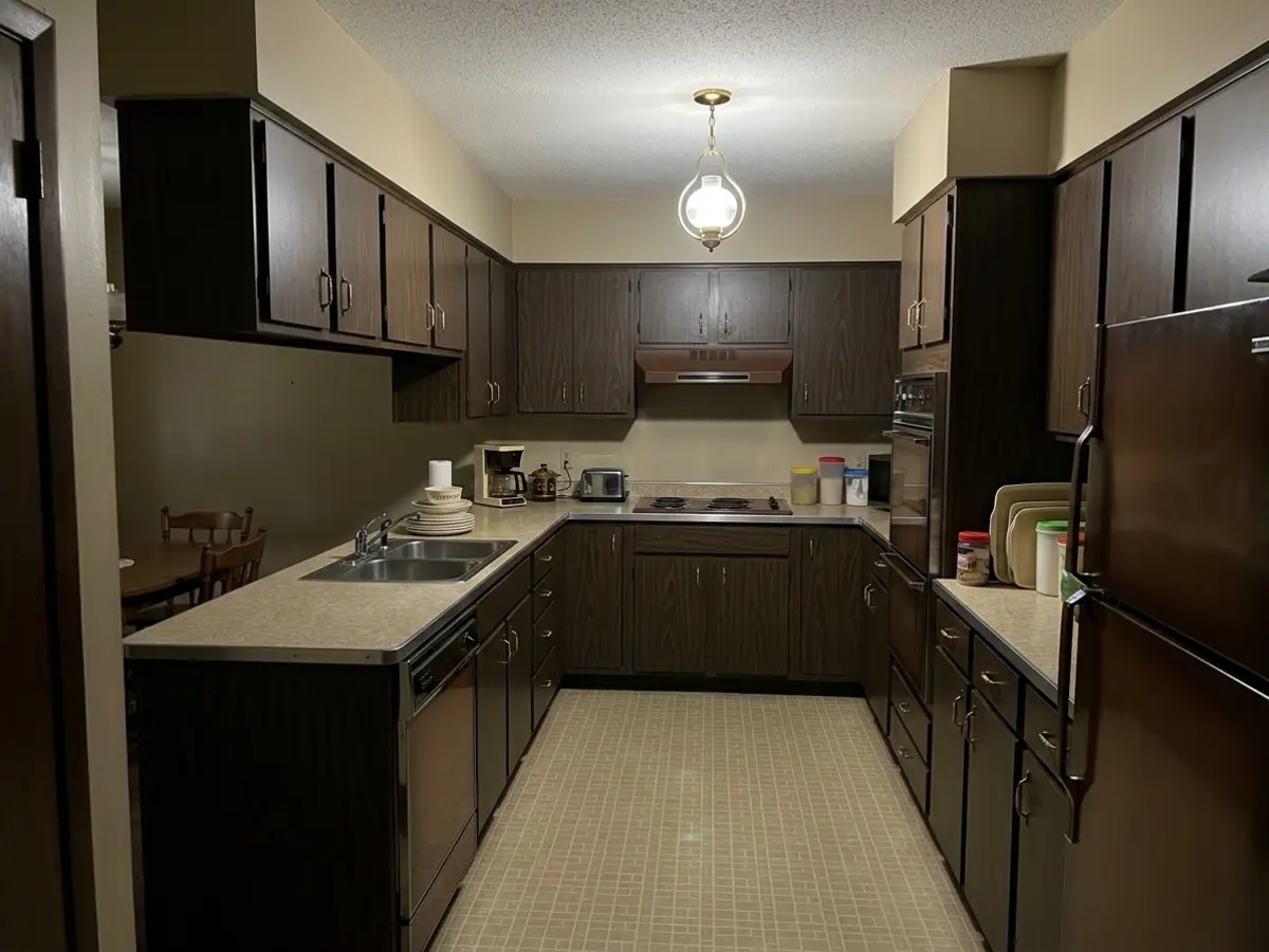 Before photo — dated split-level kitchen with a closed layout, dark cabinets, low ceiling, and limited light in South Mankato, MN