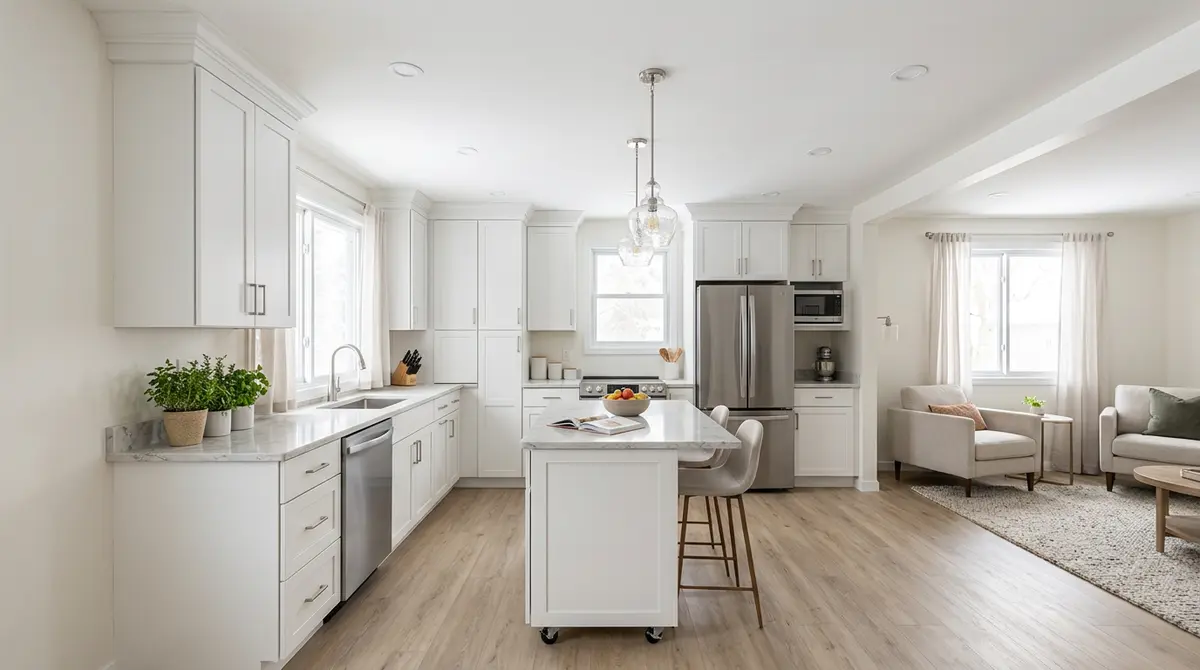 After photo: redesigned South Mankato MN kitchen with peninsula removed, refrigerator relocated, soffits opened to ceiling height, and full-height white shaker cabinets with crown moulding installed