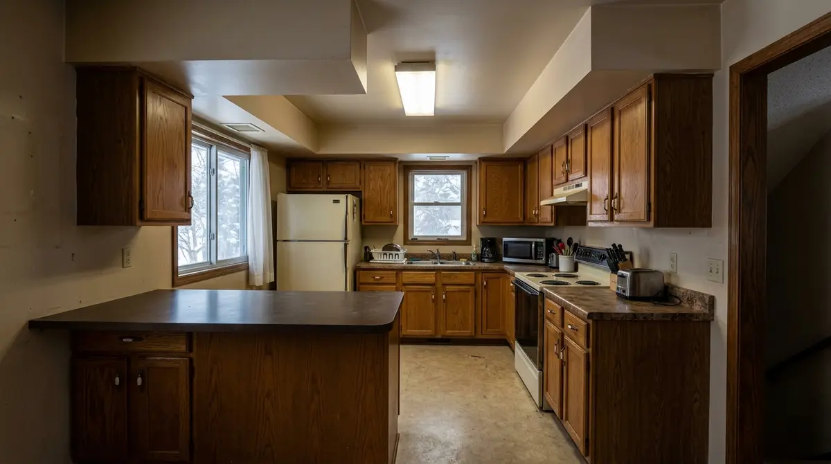 Before photo: cramped 1986 split-level kitchen in South Mankato MN with peninsula blocking natural light, refrigerator wedged in corner, and low seven-foot soffits throughout