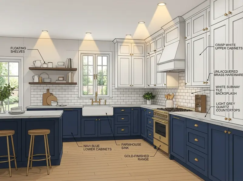 3D kitchen design rendering showing two-tone kitchen with navy blue lower cabinets and white upper cabinets with brass hardware in a South Mankato MN remodel