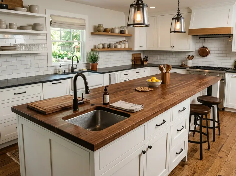 Butcher block island with prep sink — kitchen remodel Mankato, MN