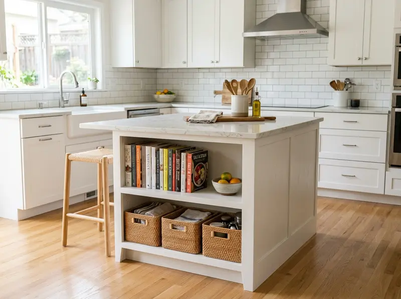 Compact kitchen island with open shelving — Kasota, MN kitchen remodel