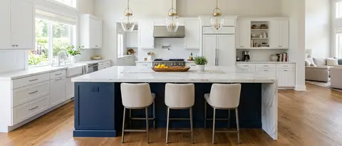Custom kitchen island with seating installed in Mankato, MN open-plan kitchen
