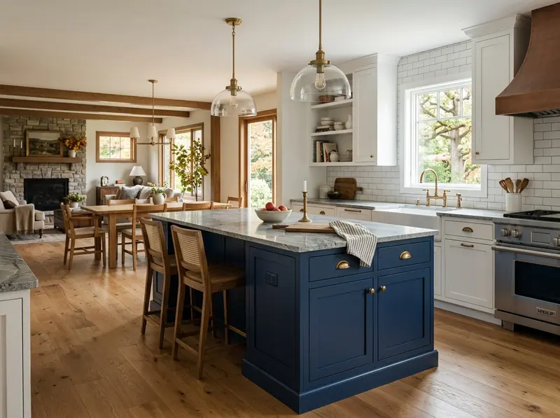Navy blue kitchen island with brass hardware and quartz countertop — Mankato, MN