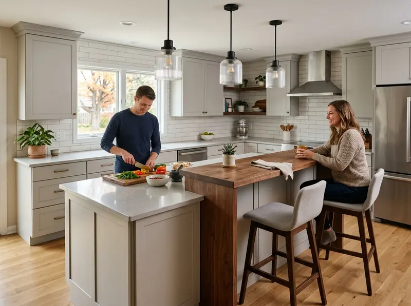 Two-tier breakfast bar island in Eagle Lake, MN kitchen remodel — raised seating area
