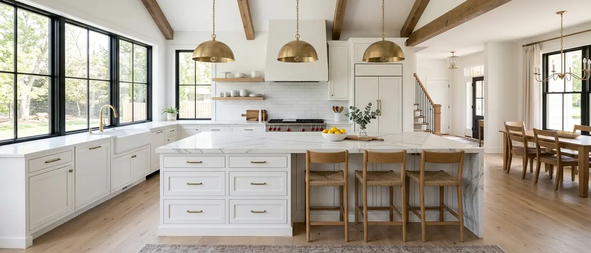 Custom built-in kitchen island with Calacatta quartz waterfall edge countertop and four-seat breakfast bar overhang in a North Mankato MN open-plan kitchen remodel