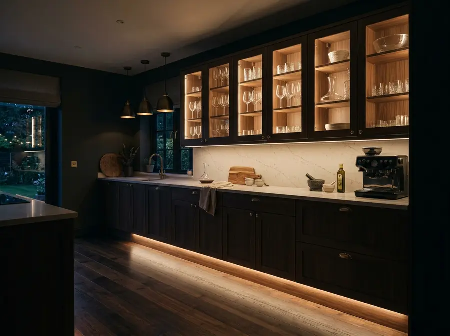 Warm LED interior lighting inside glass-front upper kitchen cabinets and LED toe-kick strip lighting along base cabinet run — Eagle Lake area kitchen remodel