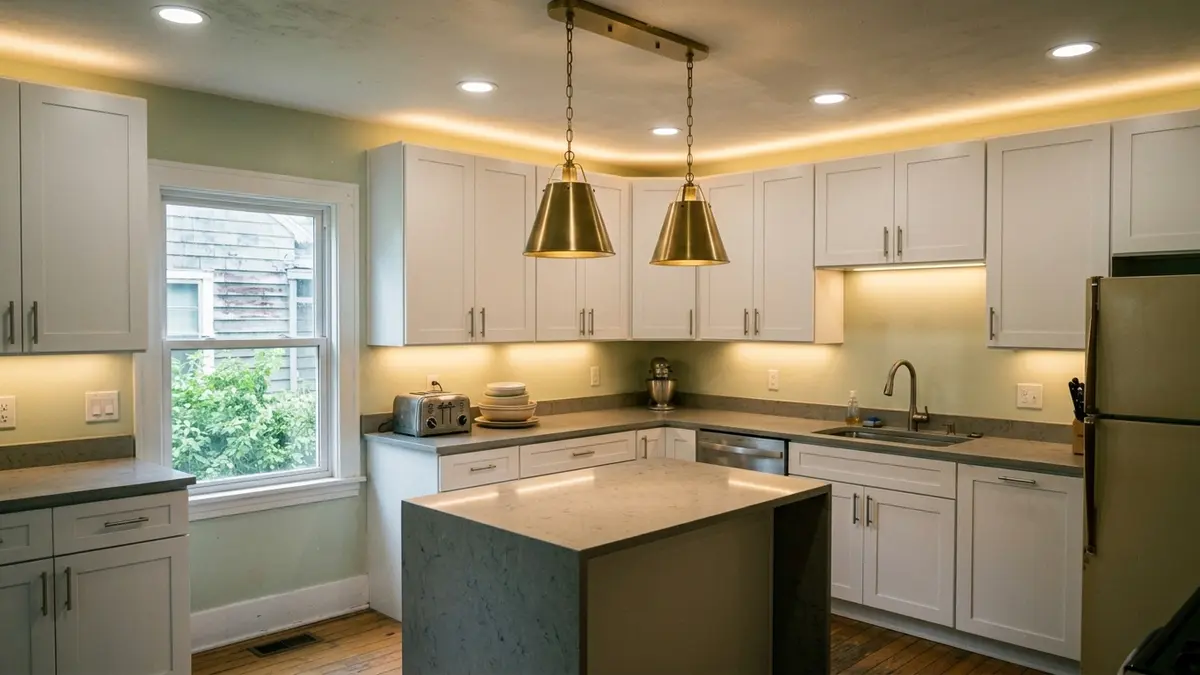 After photo: Mankato kitchen fully transformed with brass pendant lights over island, LED recessed can lights, under-cabinet task lighting strips, and above-cabinet accent lighting over white shaker cabinets and quartz countertops