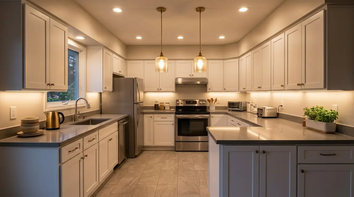 Updated kitchen lighting with recessed LED and hanging pendants — Washington Park, Mankato