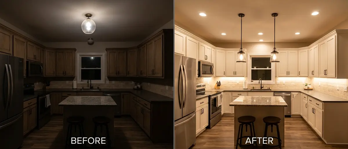 Before and after kitchen lighting transformation in Washington Park, Mankato — single dim ceiling fixture replaced with six recessed cans, under-cabinet LED strips, and two pendant lights over island