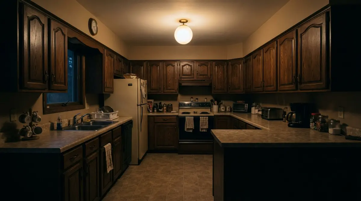 Before — single ceiling light fixture in dated Mankato kitchen before lighting upgrade, Washington Park