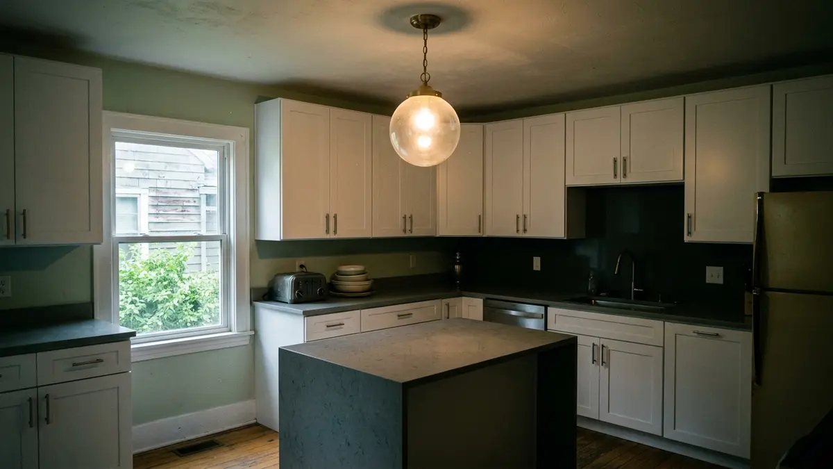 Before photo: Mankato kitchen with white shaker cabinets, dark countertops, quartz island, and single globe pendant light leaving countertop work surfaces in shadow