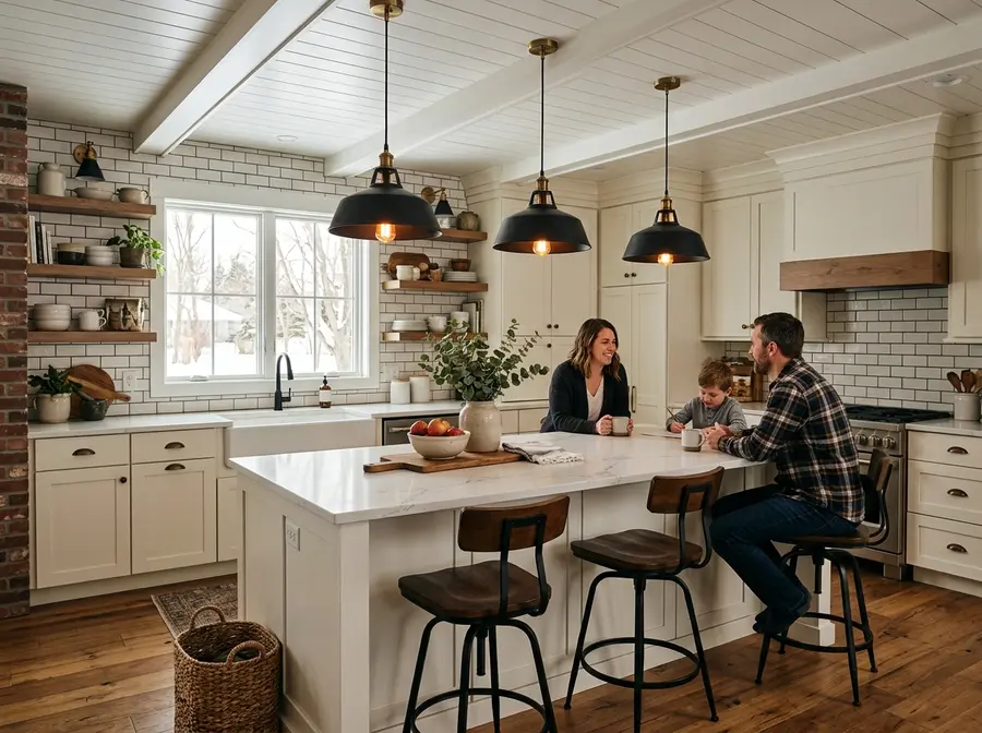 Three matte black pendant lights over white kitchen island in Mankato, MN — professional lighting installation with new wiring and junction boxes