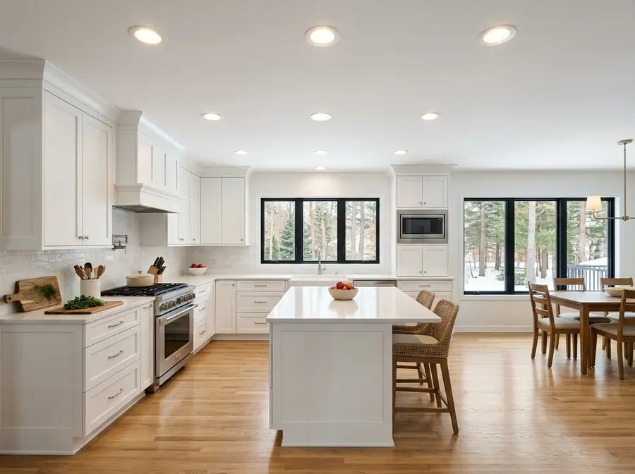 Eight recessed can lights in symmetrical grid layout in Mankato kitchen ceiling — replacing outdated fluorescent fixture, installed via attic access with no drywall cutting
