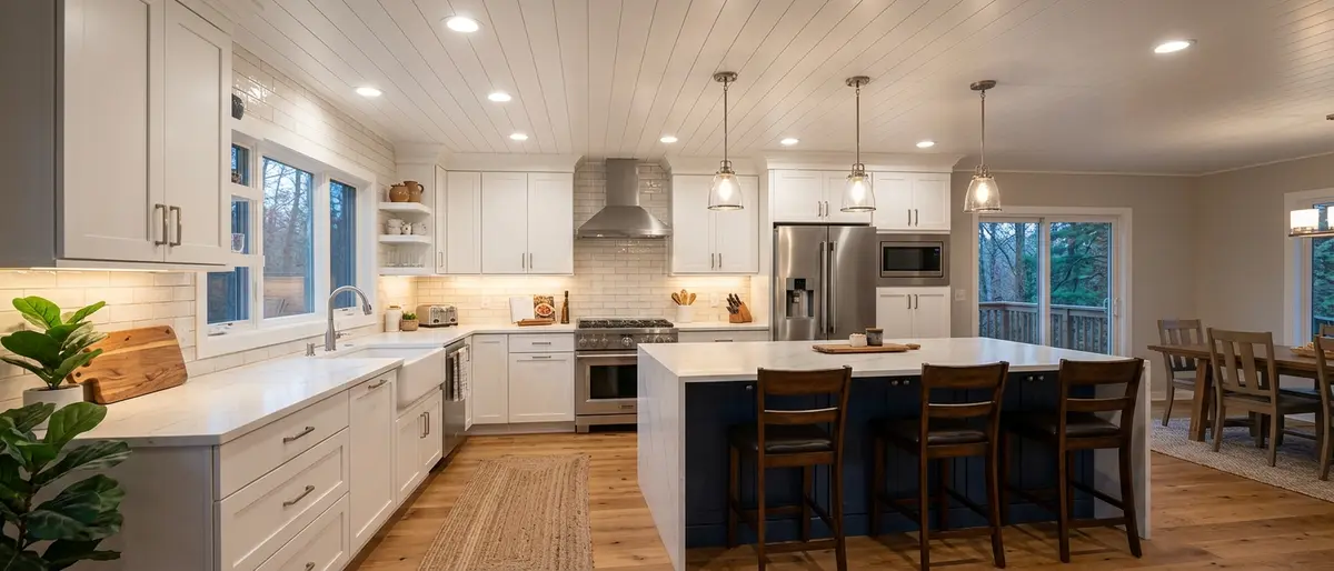 Full layered kitchen lighting plan in Mankato home — recessed can lights, under-cabinet LED strips, and island pendants on independent dimmer circuits, Hilltop neighborhood
