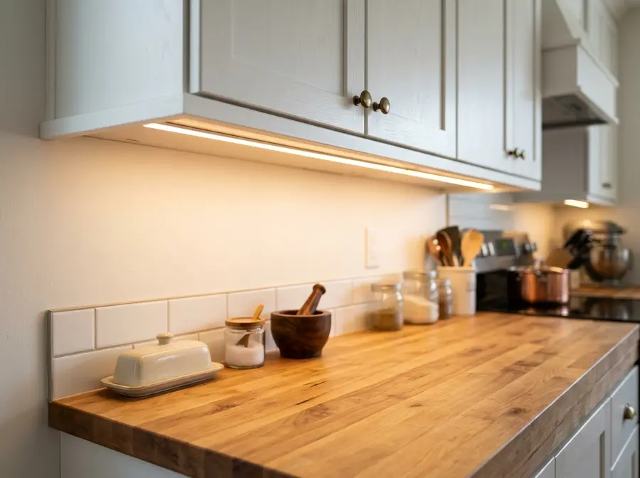 Hardwired under-cabinet LED strip lighting glowing warm white beneath white shaker kitchen cabinets, illuminating maple countertops — North Mankato kitchen remodel