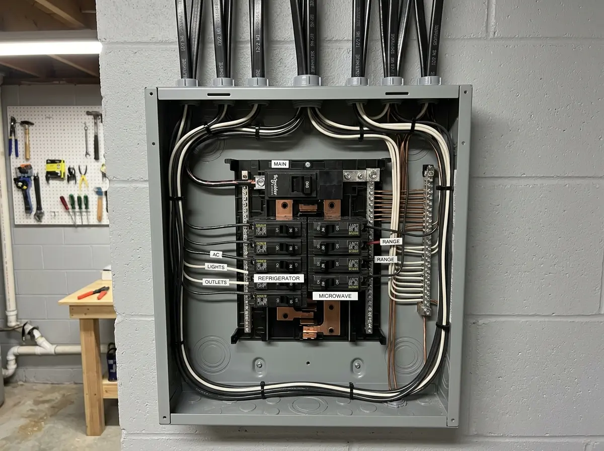 Residential electrical panel with three new 20-amp dedicated circuits for refrigerator, dishwasher, and microwave added during Hilltop Mankato kitchen remodel
