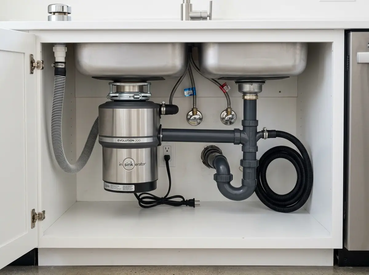 Under-sink plumbing showing garbage disposal, air gap, and dishwasher drain connection installed in Eagle Lake kitchen remodel