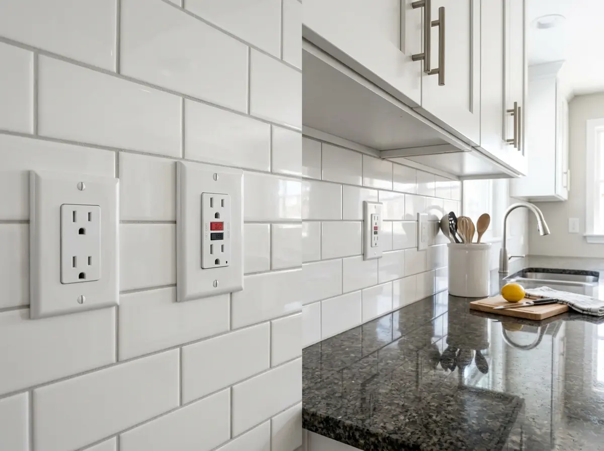 Freshly installed GFCI outlets along kitchen countertop backsplash in Stadium District Mankato remodel, all tested and permitted