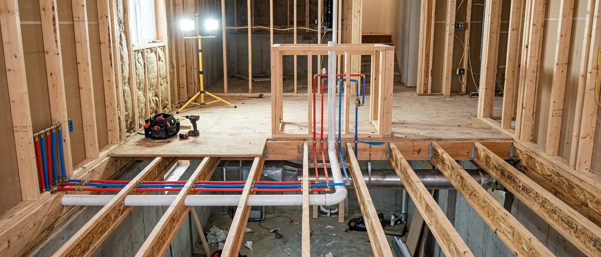 Kitchen island sink plumbing rough-in showing PEX supply lines and PVC drain beneath subfloor framing, North Mankato kitchen remodel