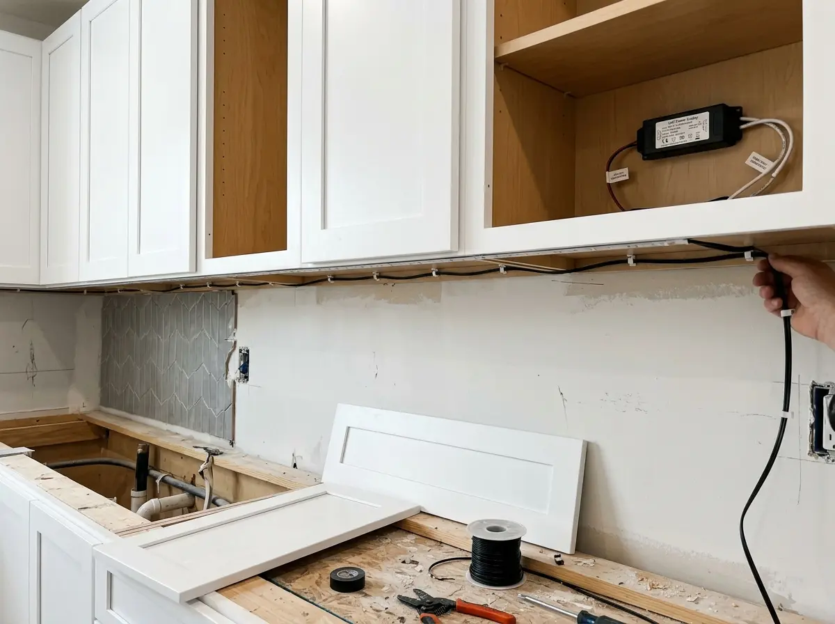 Low-voltage LED strip wiring being run inside kitchen cabinet during West Mankato remodel, dedicated switched circuit for under-cabinet lighting